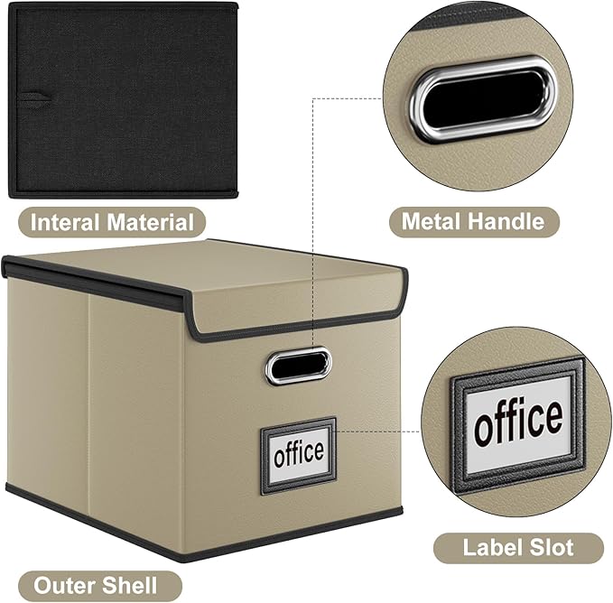 Huolewa Upgraded Portable Leather File Organizer Boxes with Lids, Office Document Boxes Organizer, Filing Boxes, Decorative Small File Boxes for Hanging Files with Plastic Slide for Office/Decor/Home