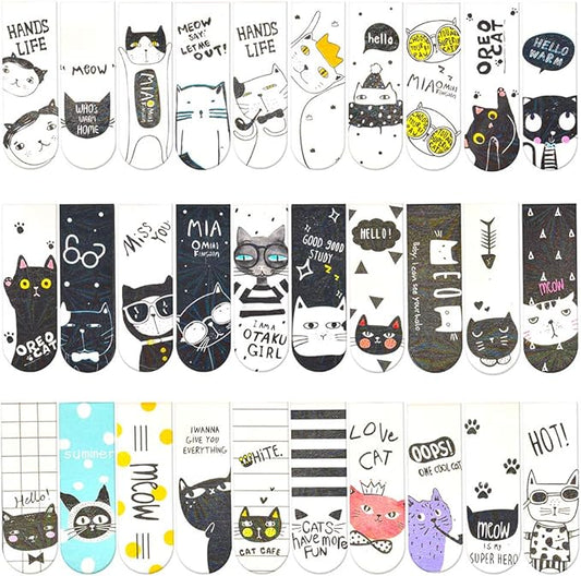 30 Pieces Cute Magnetic Bookmarks Bulk for Women/Men, Dual Sided Rainbow Film Laminated Page Clips, Plain Magnet Page Markers, Cool Paper Bookmarks for Kids Students Reading Giveaways (Cat)