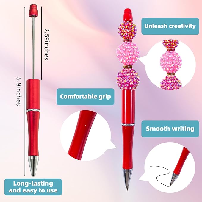 15 Pieces Beadable Pens - Beaded Pens Plastic Diy Black Ink Ballpoint Pens Bulk - Bead Pens Suitable For Teacher, Students, Office, School, Graduation Gift Supplies（Red）