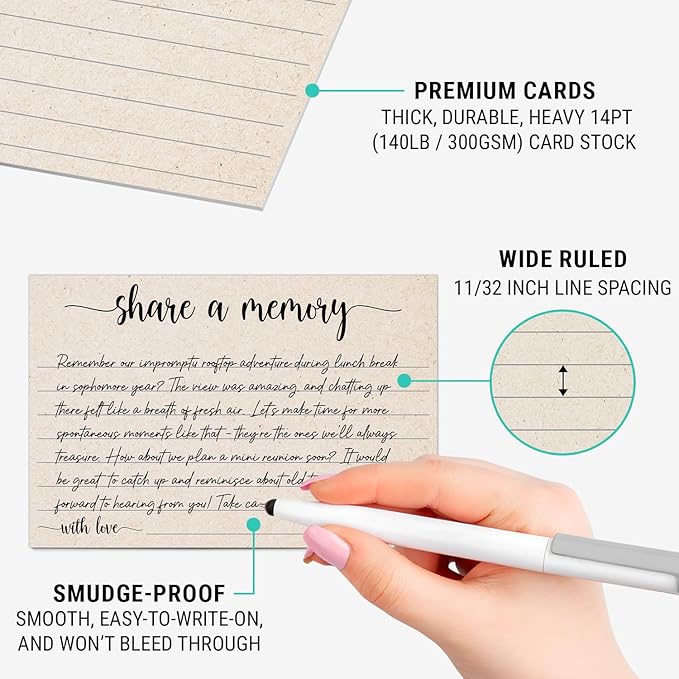 321Done Share a Memory Card, Made in USA - 4x6 Kraft Tan, for Celebration of Life, Birthday, Anniversary, Memorial, Funeral, Graduation, Bridal Shower Game - Set of 50