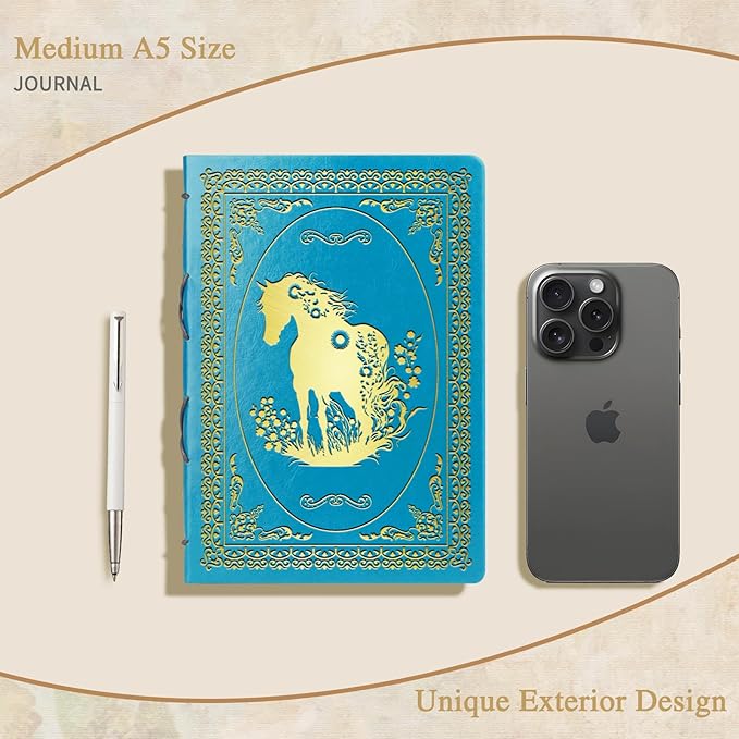 Light Blue A5 Horse Gifts for Women Girls Faux Leather Vintage Notebook Inspirational Horse Trainer Gift Hardcover Executive Notebook,200 Pages 120 Gsm Thick Ruled Paper With Pen,Horse Lover Gifts Equestrian Gift (Horse Light Blue)
