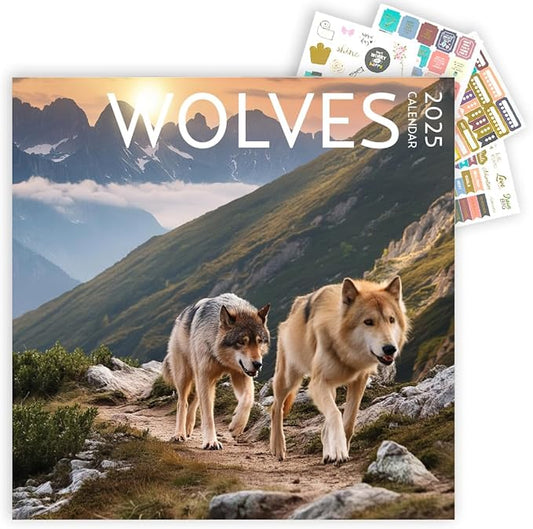 Wolf Calendar 2025 and Sticker Pack, Large 12 x 12 inch, Wolf Wall Calendar with Sticker Set, Gift for Wolf Lovers, Cute Calendar for girls or boys