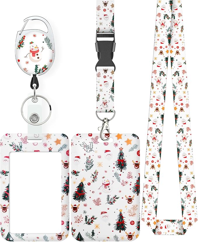 Uniclife Christmas Sliding Badge Holder Cartoon Snowman Hard ID Card Holder with Retractable Badge Reel Carabiner & Detachable Lanyard Strap Vertical Card Protector for Women Nurse Teacher Student