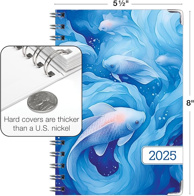 HARDCOVER 2025 Planner, 5.5"x8": 14 Months (November 2024 - December 2025), Daily Weekly Monthly Planner, Yearly Agenda, Bookmark, Pocket Folder and Sticky Note Set (Blue Koi)