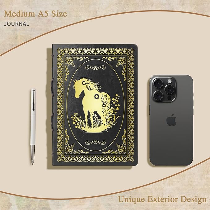 Black A5 Horse Gifts for Women Girls Faux Leather Vintage Notebook Inspirational Horse Trainer Gift Hardcover Executive Notebook,200 Pages 120 Gsm Thick Ruled Paper With Pen,Horse Lover Gifts Equestrian Gift (Horse Black)