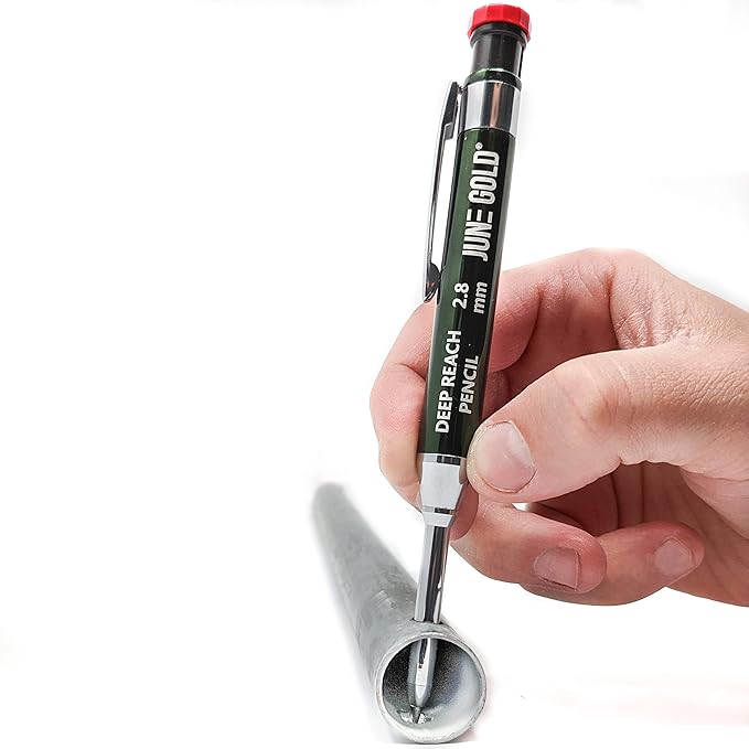 June Gold 2.8 mm Deep Reach Metal Carpenter Pencil, 36 Colored Refills, 6 Colors, 40 mm reach, 6 mm width, Built-in Sharpener, Construction, Shop, Glass, Machine, Indoor, and Outdoor