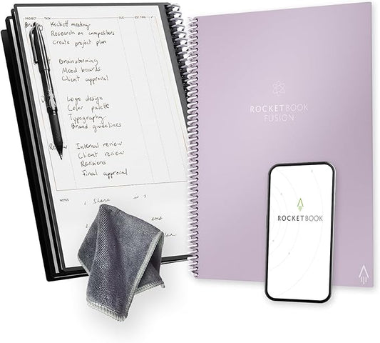 Rocketbook Fusion Reusable Undated Productivity Planner, Letter Size 8.5x11, Lilac - Goals, Monthly and Weekly Calendar, Daily To-do List, Lined and Dotted Notes Pages