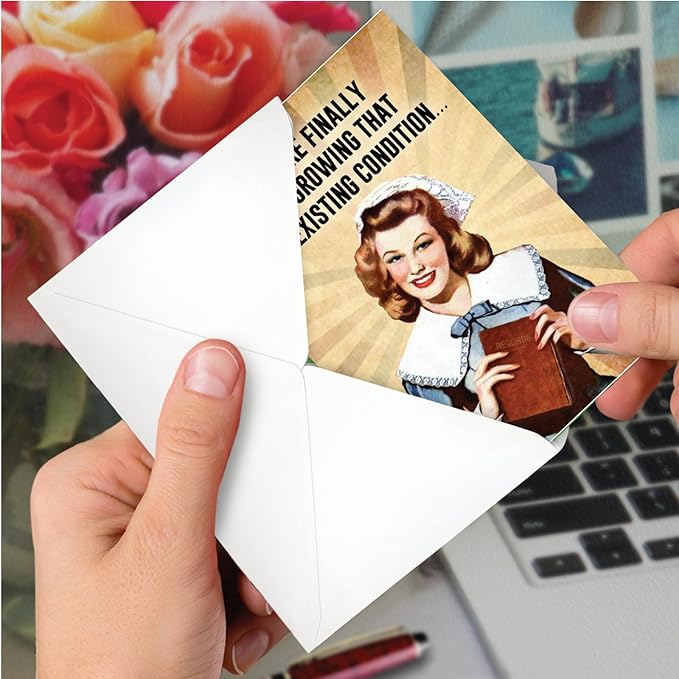 NobleWorks - 1 Funny Happy Birthday Greeting Card - Retro Woman Humor, Notecard Talk Bubbles - Pre-Existing Condition C9364BDG