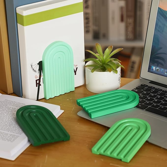 Harloon 4 Pieces Boho Arch Wood Bookends Rainbow Arch Back to School Gift Ideas Non Skid Bookend Decorative Wooden Book Stand Book Stoppers for Books Movies CDs (Green Color)