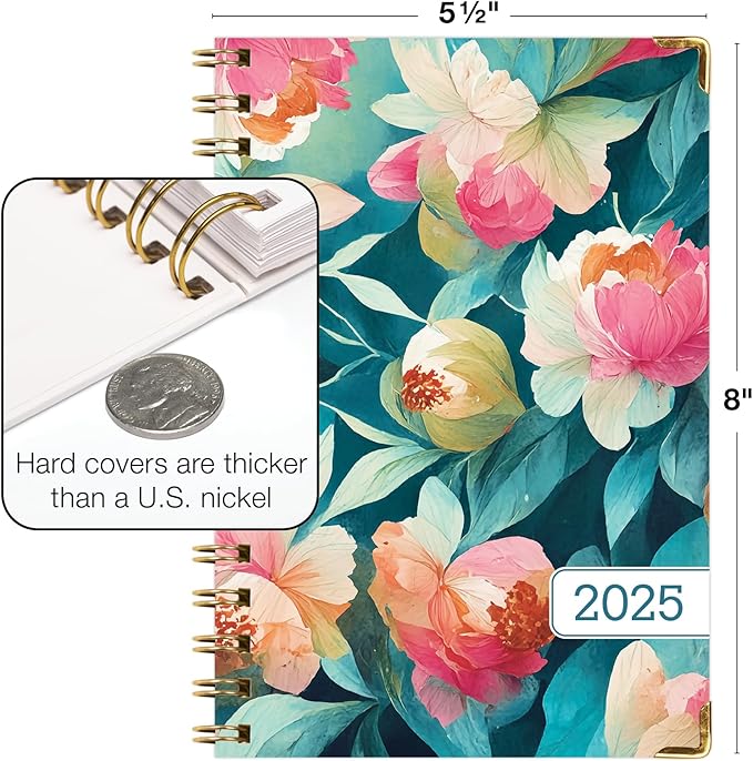 HARDCOVER 2025 Planner, 5.5"x8": 14 Months (November 2024 - December 2025), Daily Weekly Monthly Planner, Yearly Agenda, Bookmark, Pocket Folder and Sticky Note Set (Teal Floral)