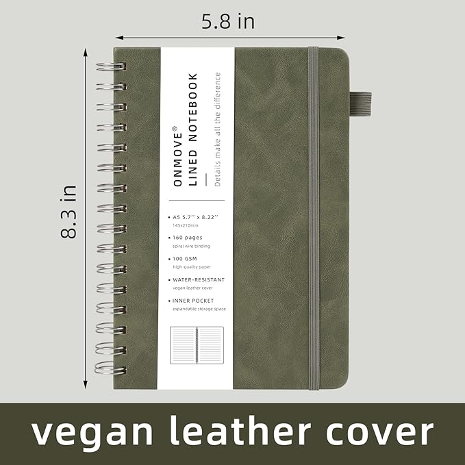 Lined Spiral Notebook Journal for Women Men 160 Pages A5 College Ruled Hardcover Leather with Pen Holder Notebook Journals for Note Taking Work Green