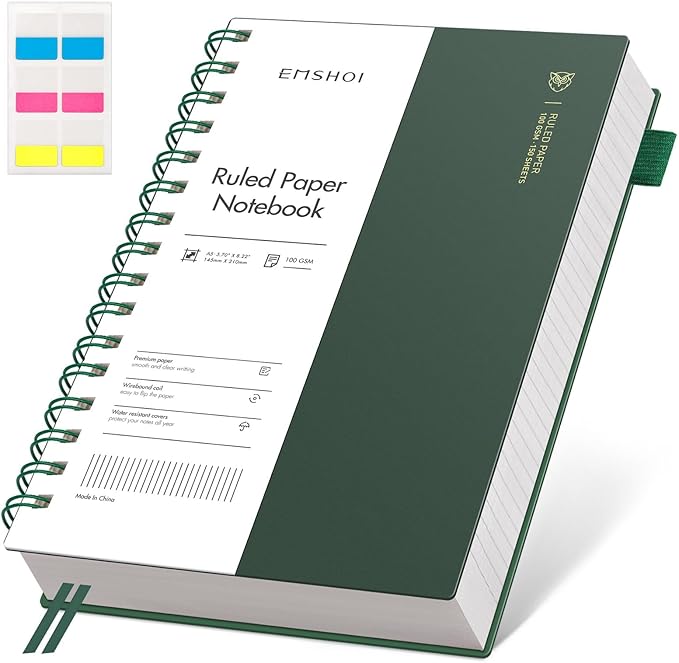EMSHOI Lined Spiral Journal Notebook, A5 College Ruled Notebook, 300 Pages/150 Sheets, 100gsm Acid-Free Paper, Waterproof Softcover Notebook for School, Work, Note Taking, 5.7" × 8.22" - Dark Green