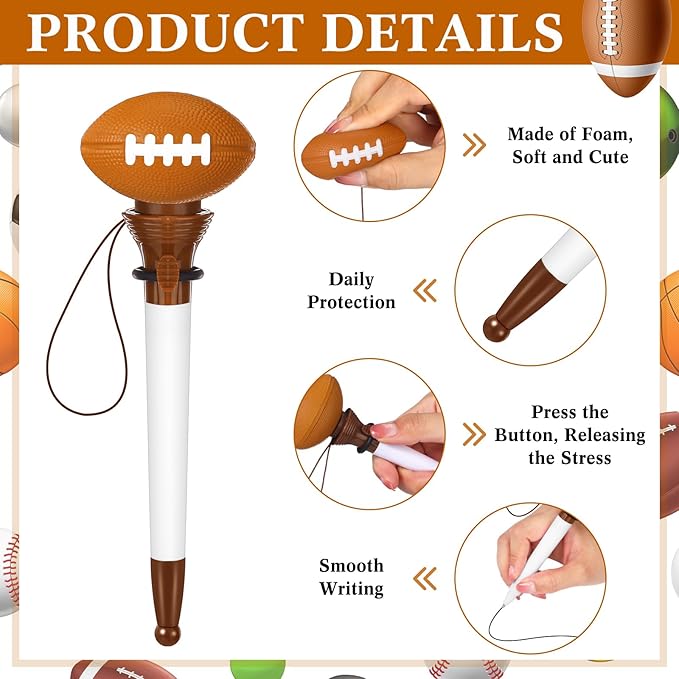 Lincia 24 Pcs Sport Funny Pen Hoop Ballpoint Novelty Bulk Plastic Sports Soccer Basketball Baseball Football Tennis Golf Themed Pen for Birthday Party School Award Party Favor Supplies(Football)