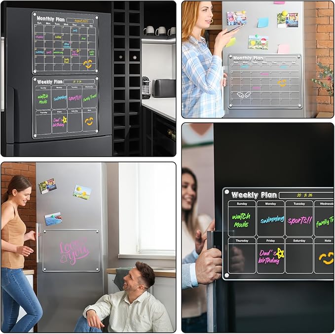DIYMAG 3Pcs Acrylic Magnetic Dry Erase Calendar for Fridge, Clear Acrylic Calendar Planning Board Set Magnetic Weekly Monthly Planner Menu for Refrigerator with 6 Highlight