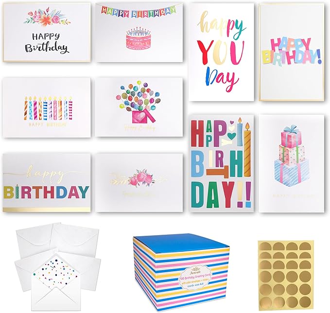 Happy Birthday Cards Bulk with Envelopes, 100 Pack, 10 Unique Gold Foil Designs, Organizer Box, Stickers, and Seals - 4x6 Inches, Thick Card Stock Set, Ideal for Kids, Men, Women, and Elderly