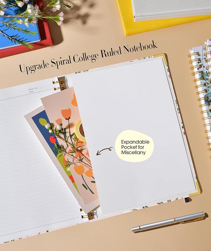 Cute Spiral Notebook Journal for Women, 160 Pages Lined Notebooks 5.75” x 8.38”, A5 Hardcover Spiral Journals with 100 GSM Thick Paper, College Ruled Notebook for Writing Work School, Woodland Floral
