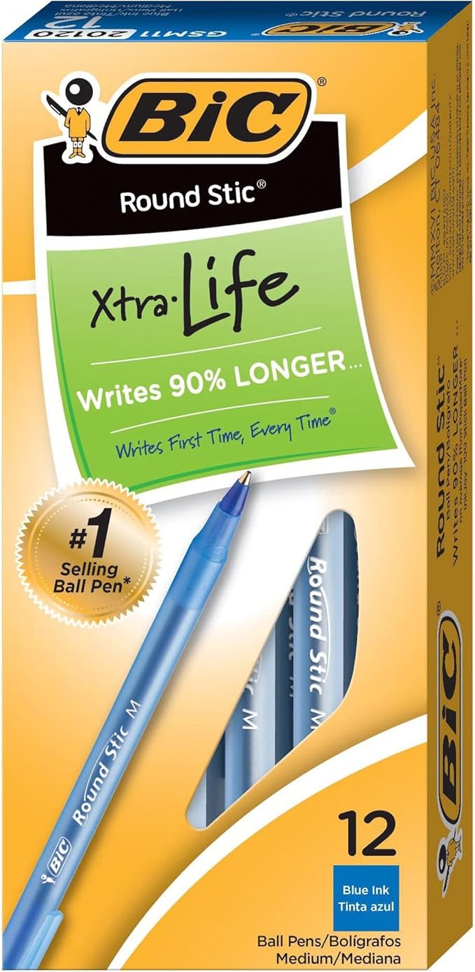 BIC Round Stic Xtra Life Blue Ballpoint Pens, Medium Point (1.0mm), 12-Count Pack of Bulk Pens, Flexible Round Barrel for Writing Comfort, No. 1 Selling Ballpoint Pens