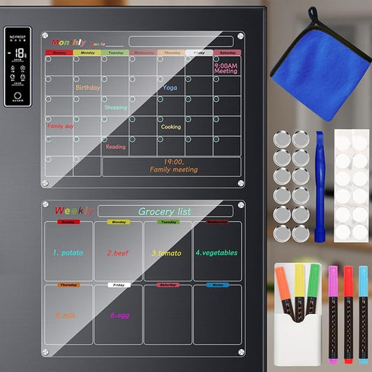 Fridge Calendar Meal Planning Board, Dry Erase Acrylic Magnetic Monthly Weekly Calendar Planner for Refrigerator with 6 Colors Markers (Transparent-Weekly+Monthly(15.7x11.8"))