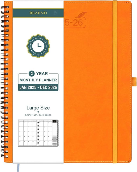 BEZEND Monthly Planner 2025-2026, Large size, 2 Year Monthly Calendar 8.5" x 11" - 120 GSM Thick Paper - Spiral Planner with Pockets, Tabs, Calendar with Note Sections, Pen Loop, Softcover - Orange