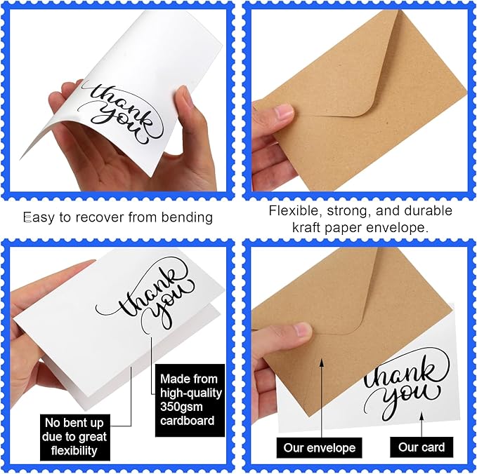 Joyberg 34 PCS Baby Shower Thank You Cards With Envelopes 3.5”x5”, Blank Dark White Thank You Notes With Envelopes Set, Brown Paper Envelopes and Stickers Wedding Thank You Cards With Envelopes