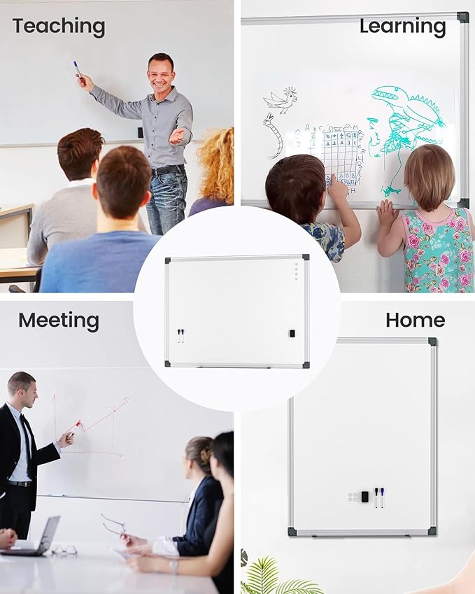 VUSIGN 3PCS Magnetic White Board Hanging 36" x 48" for Office, Class, Home, Sliver Aluminum Frame, 3 Dry-Erase Eraser, 6 Multicolor Marker, 12 Magnetic Pins