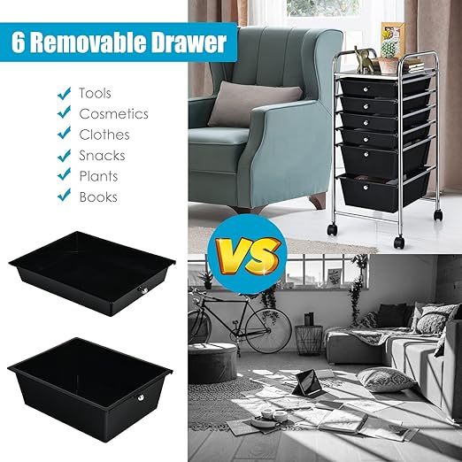 6-Drawer Rolling Storage Cart, Multifunctional Storage Organizer Cart with Wheels, Mobile Utility Cart for Home Office Garage Tools (Black)