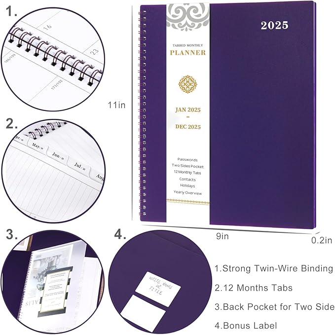 2025 Monthly Planner - Monthly Planner/Calendar 2025, JAN. 2025 - DEC. 2025, 9'' x 11'', 12-Months Planner with Monthly Tabs - Purple