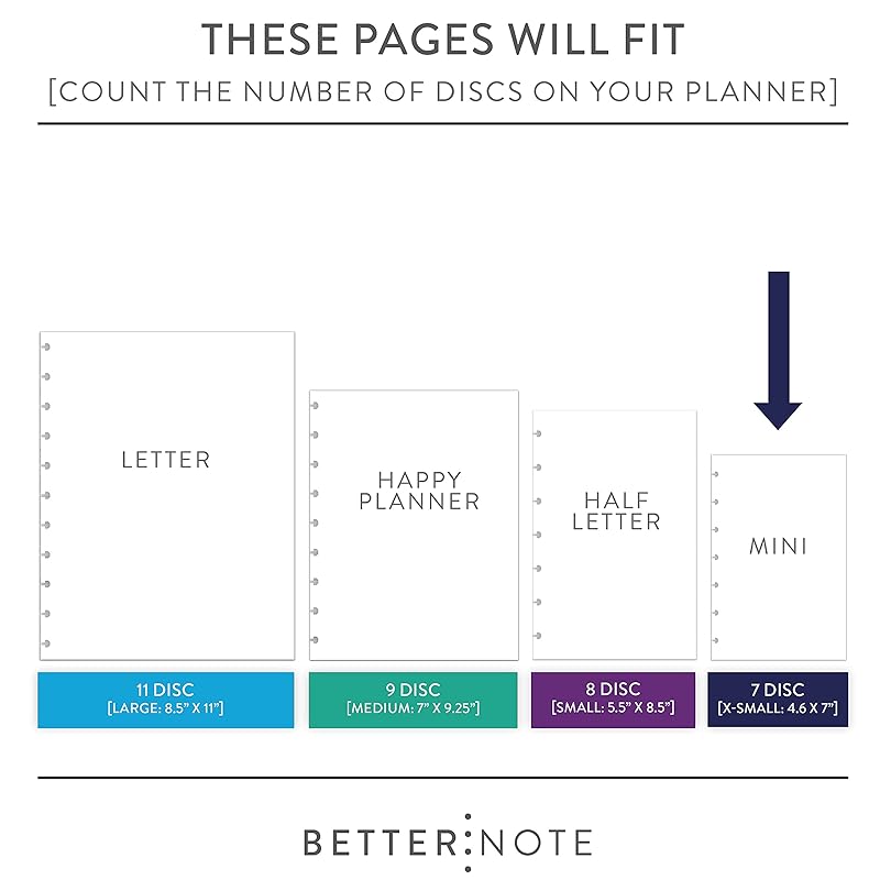 BetterNote Horizontal Undated Calendar Refill Pages for Disc Notebook, fits The Happy Planner, Discbound Levenger Circa, Staples Arc, TUL (Classic- 6 months, 7-Disc, 4.6”x7”)