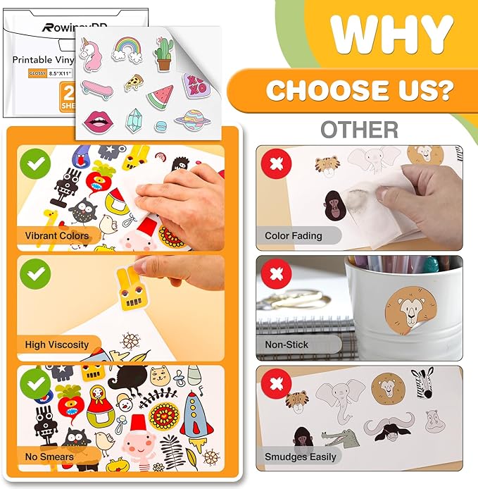 20 PCS Sticker Paper for Inkjet Printer，Printable Vinyl Sticker Paper Dries Quickly Vivid Colors，8.5"x11" Tear Resistant Printable Vinyl，Glossy White,Inkjet & Laser Printer