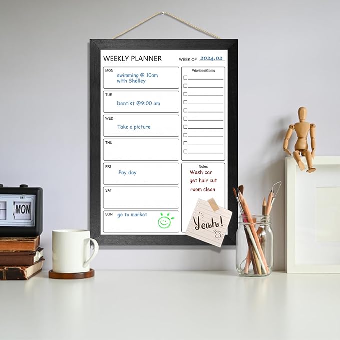 Dry Erase White Board Weekly Calendar Board, Magnetic Whiteboard for Wall, 10.5“x14.5” Solid Wood Black Framed Message Board, Planner Board for Office, Home, School(Weekly-BB-BK-2737)