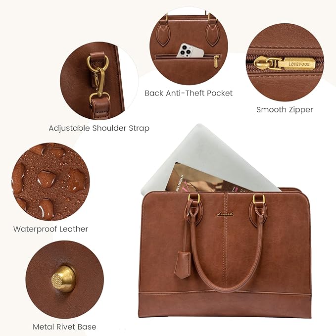 LOVEVOOK Laptop Bag for Women, Work Tote Bags 15.6 inch Computer Bags for Laptops for Women Purse, Large Vintage PU Leather Waterproof Business Office Briefcase, Brown