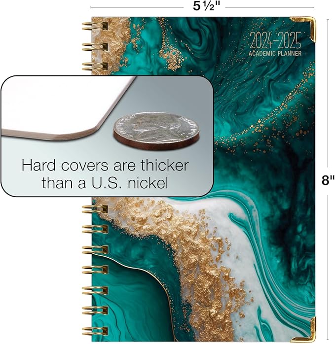 HARDCOVER Academic Year 2024-2025 Planner: (June 2024 Through July 2025) 5.5"x8" Daily Weekly Monthly Planner Yearly Agenda. Bookmark, Pocket Folder and Sticky Note Set (Teal Gold Marble)