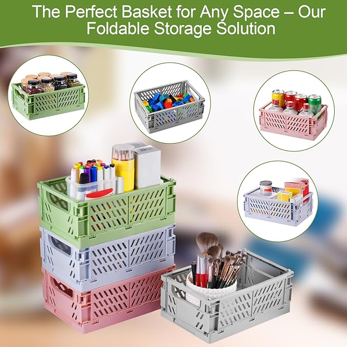 2-Pack Small Pastel Plastic Storage Baskets, Collapsible Crates for Organizing, Space-Saving Mini Bins for Classroom, Kitchen, Office, Bedroom (Purple, 9.8" x 6.5" x 3.8")