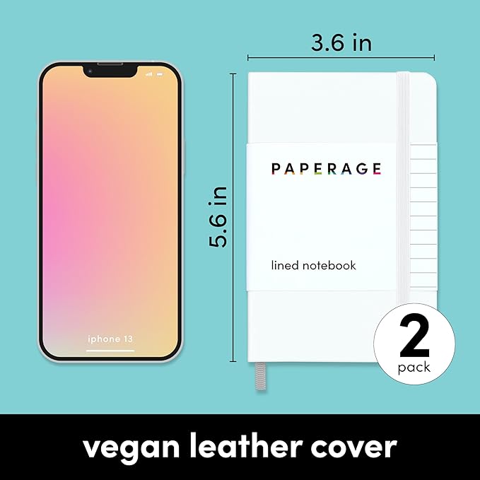 PAPERAGE Lined Pocket Journal Notebook, 2 Pack, (White), 160 Pages, Small Notebook, 3.6 inches x 5.6 inches - 100 GSM Thick Paper, Hardcover