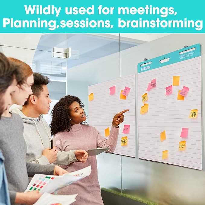 Lined Sticky Easel Pad, 25 in x 30 in,Flip Chart Paper,Sticky Chart Paper for Teachers, Large Self-Stick Easel Paper,Super Sticky & Bleed-Resistant,30 Sheets/Pad,4 Pads