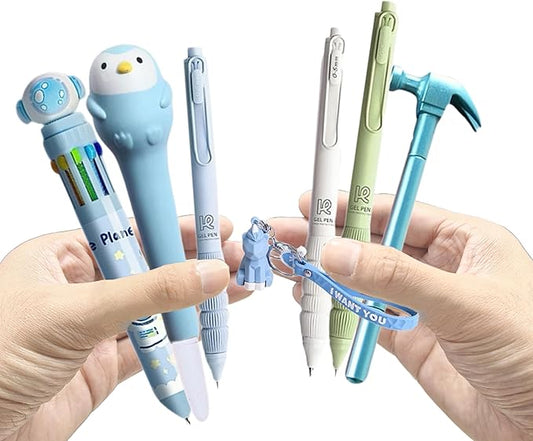 6pcs Kawaii Pens with 1 Cute Keychain Great gift for Boys Stress Relief Pen Cartoon Ballpoint Pen for Office Back to School Supplies Students Gift