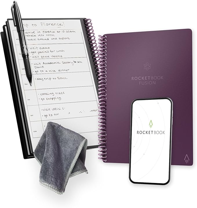 Rocketbook Fusion Reusable Undated Productivity Planner, Executive Size 6x8.8, Plum - Goals, Monthly and Weekly Calendar, Daily To-do List, Lined and Dotted Notes Pages