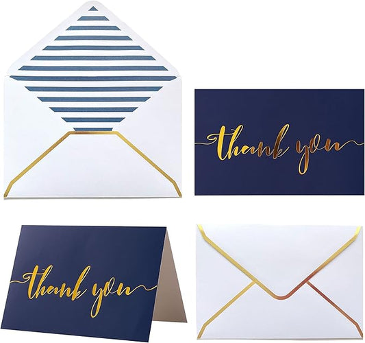 Winoo Design Heavy Duty Thank You Cards with Envelopes - 36 PK - Gold Thank You Notes 4x6 Inches - Baby Shower, Wedding, Small Business, Graduation, Funeral, Bridal Shower (Navy Blue)