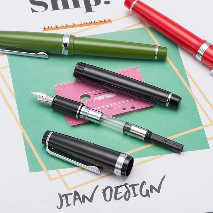 Jinhao 82 Red Acrylic Fountain Pen, Iridium Medium Nib Classic Design Smooth Writing Pen with Ink Converter (Silver Trim)