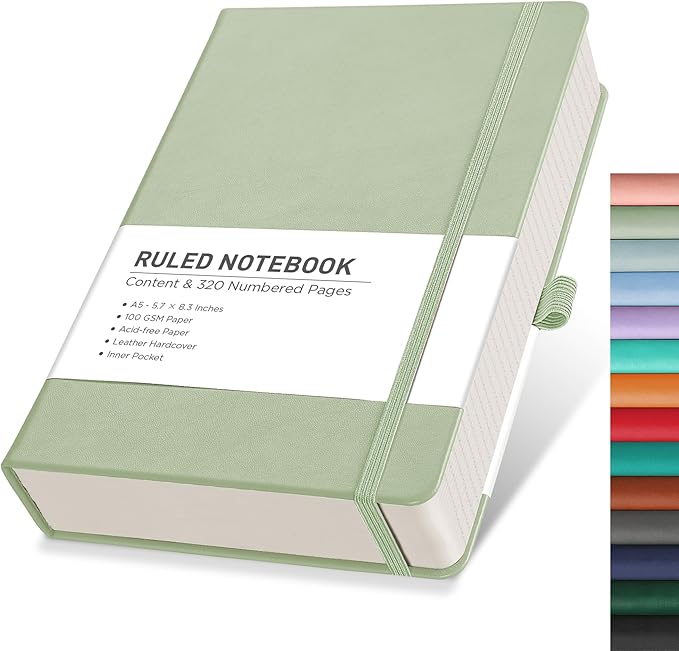 RETTACY Journaling Notebooks, A5 Lined Notebook Journal with 320 Numbered Pages, 5.7'' × 8.3'', Medium Size, Journal Notebook for Writing, Work, Leather Hardcover, 100 GSM Thick Paper (Light Green)