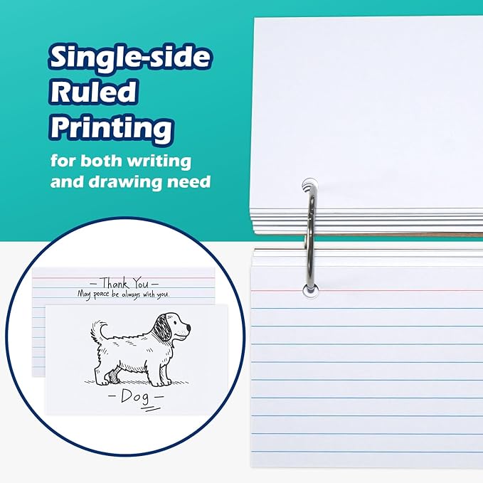 Olivo Index Card Binder Refills, White 3x5 Lined Index Cards with Ring, 2 Holes Punched, 100 Count