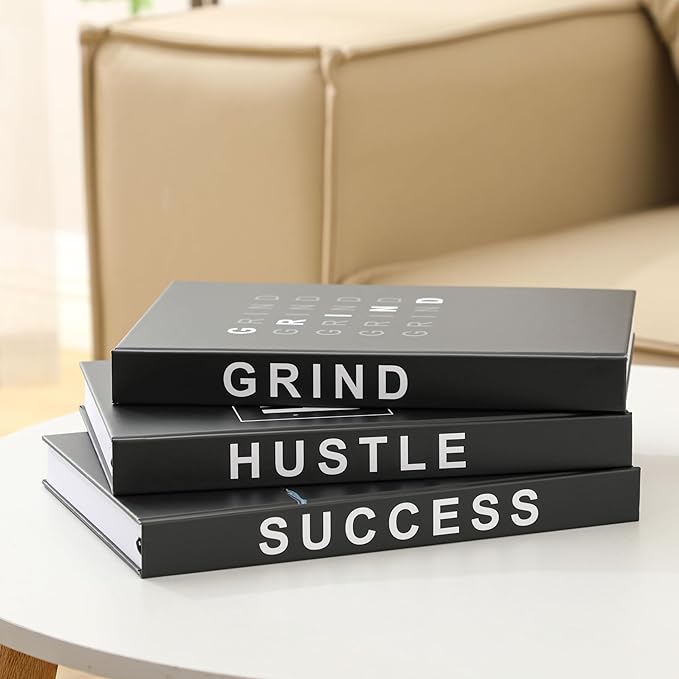 Hardcover Grind Hustle Success Book Decor for Men & Women, Decorative books for Home Decor, Office Decor for Men and Desk Decor for Men, Motivational gift with Black Cover and Blank Pages