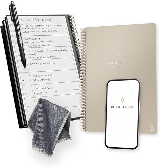 Rocketbook Fusion Reusable Undated Productivity Planner, Executive Size 6x8.8, Beige - Goals, Monthly and Weekly Calendar, Daily To-do List, Lined and Dotted Notes Pages