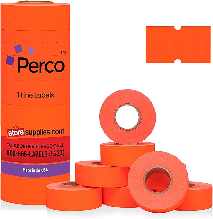 Perco 1 Line Fluorescent Red Labels - 8 Rolls, 1 Sleeve, 8,000 Blank Price and Date Gun Labels for Perco 1 Line Price and Date Guns - Made in USA