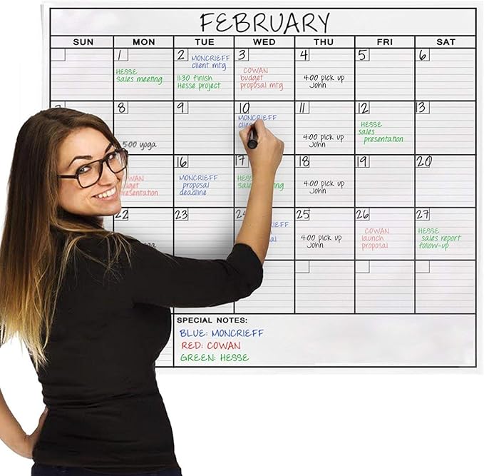 Jumbo Dry Erase Laminated Wall Calendar, Huge 36 Inch by 48 Inch Size, Monthly Planner for Home Office Classroom, Large Date Boxes, Reusable PET Film, Never Folded, 5 Markers, 8 Tacks, 1 Eraser white
