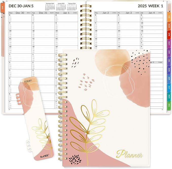 SUNEE 2025 Appointment Book, Quarter-Hourly, Weekly & Monthly - from January 2025 - December 2025, 6.4"x8.3" Weekly Planner, Flexible Cover, Note Pages, Pockets, Bookmark, Spiral Binding, Pink Breeze