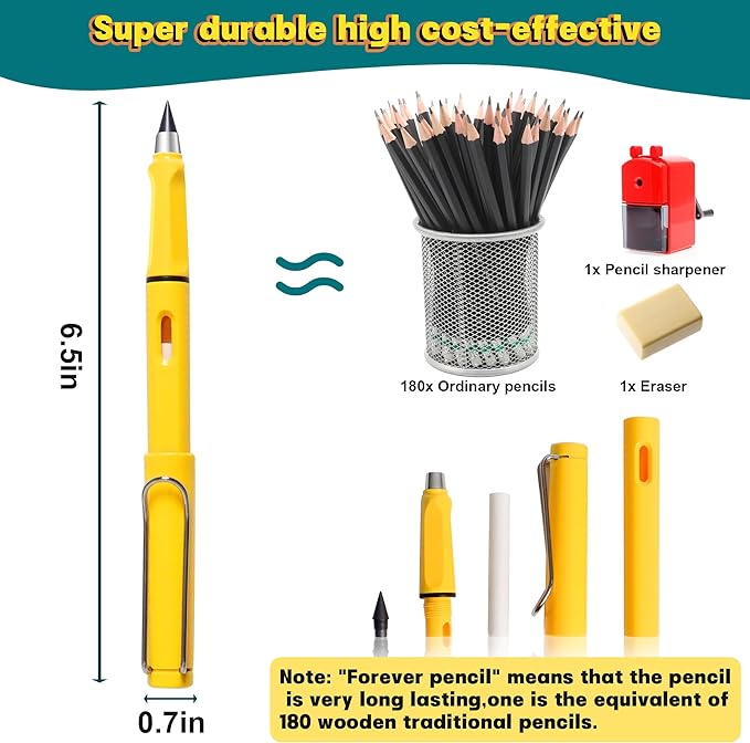 12Pack Forever Pencils for Kids Writing, Infinity Pencil Cute Inkless Everlasting Pencil with Eraser for Sketching (Colored)
