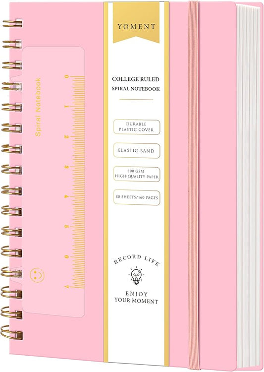 Yoment Spiral Notebook College Ruled A5 Spiral Bound Journal 160 Pages Thick Paper Plastic Hardcover Spiral Notebook 5x7 Wire Bound Notebooks for Note Taking School Office Supplies,Pink
