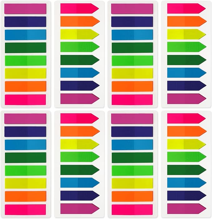 KICNIC Page Markers Colored Sticky Tabs 1600 Pcs, Translucent Arrow Flags for Page Marking, Fluorescent Index Tab Stickers for Notebooks, Small Sticky Notes Flags [8 Colors, 8 Sets]
