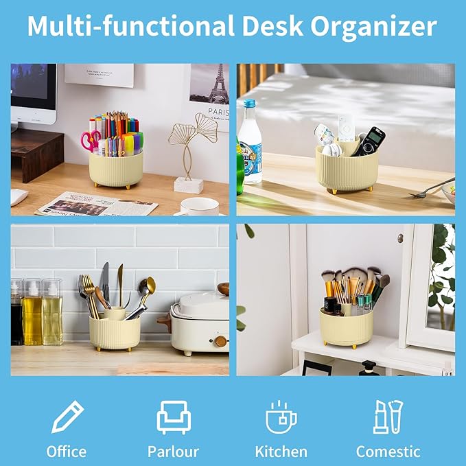 Marbrasse Desk Organizer, 360-Degree Rotating Pen Holder for Desk, Desk Organizers and Accessories with 5 Compartments Pencil Organizer, Art Supply Storage Box Caddy for Office, Home (Yellow)